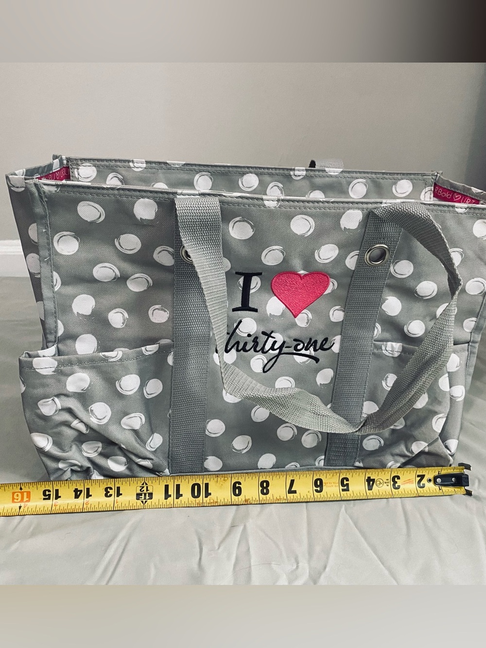 Thirty-One Utility Tote Bag Gray Polka Dot I ❤️ Thirty-One Carryall